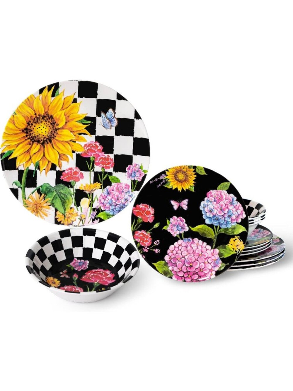 Vibrant Sunflower 12-Piece Melamine Dinnerware Set, Dishwasher Safe & Durable